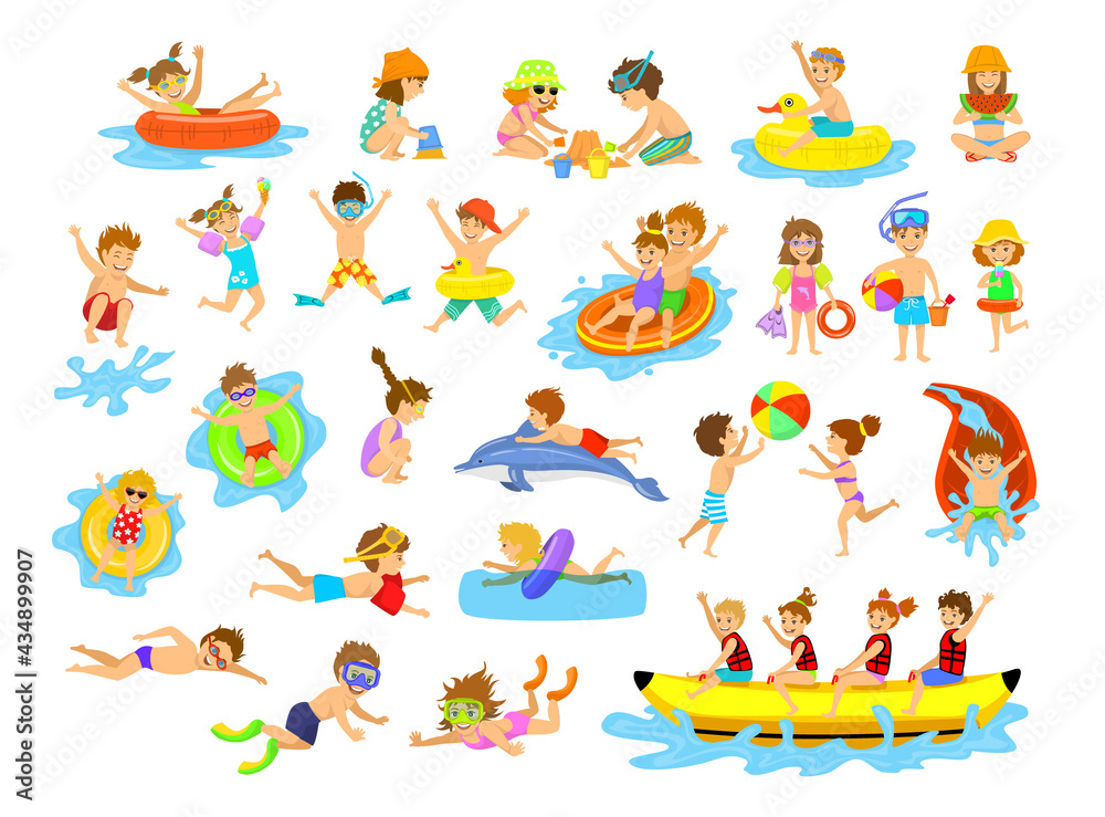 Children summer holidays fun activities at beach on water. Boys girls swim, dive, jump, slid in aquapark, float on inflatable mattress, eat ice cream watermelon, build  sand castle, play ball, snorkel