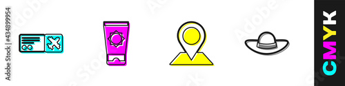 Set Airline ticket, Sunscreen cream tube, Location and Elegant women hat icon. Vector