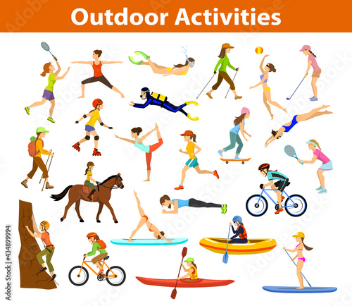 Summer Outdoor, beach sports activities. Woman do yoga, run, cycling, travel with mountain bike backpack, paddling, kayaking, climb, raft, hike, play tennis, golf badminton, snorkel, scuba dive