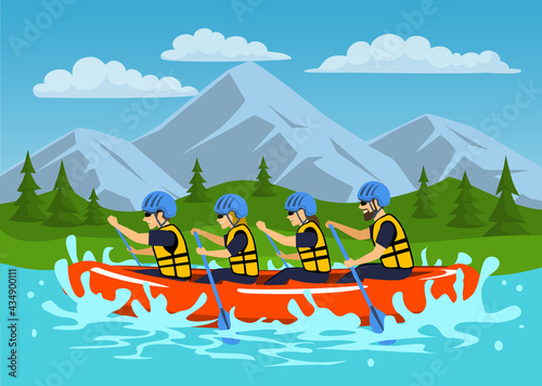 Team , group of people, man and woman whitewater rafting on river. cartoon mountain forest landscape on background