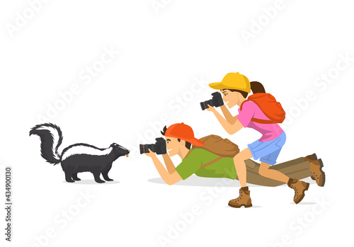 Man and woman tourist travelers photographers taking photo of skunk animals, isolated vector ilustration