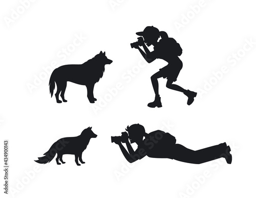 Man and woman tourist travelers photographers taking photo of animals silhouettes scene, isolated vector ilustration