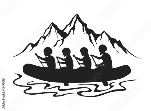 Team , group of people, man and woman whitewater rafting silhouette vector illustration