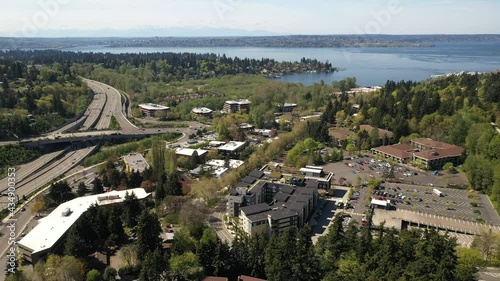 Cinematic 4K drone footage of Lakeview, Central Houghton, Marina Park Pavilion, Yarrow Bay, Lake Washington commercial, residential neighborhoods near Bellevue and Seattle, King County, Washington photo