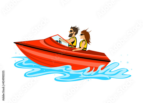 man and woman, couple driving speed boat, colored isolated vector illustration