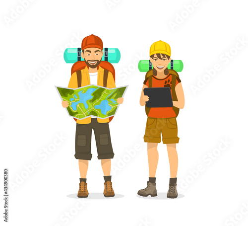 man and woman, couple travelers with backpacks looking at map and tablet for navigation