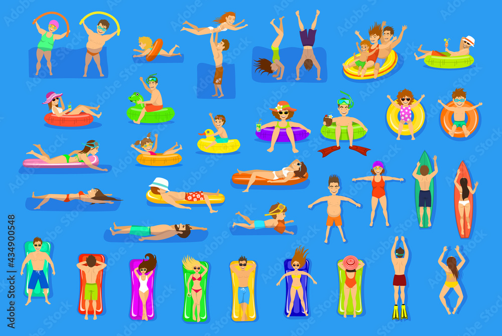 Water pool sea fun activities vector illustration set. People, family, couple, children, men and women relaxing, swimming floating on inflatable matrasses and rings. top and side view