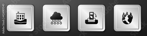 Set House flood, Cloud with rain, Petrol or gas station and Global warming fire icon. Silver square button. Vector