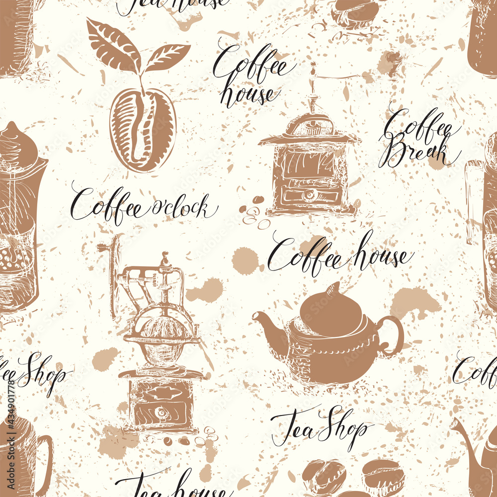 Abstract seamless pattern with hand-drawn teapots, coffee beans, coffee grinders on a light backdrop with spots. Retro vector background on the coffee and tea theme with sketches and inscriptions