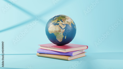 Education concept. 3d of books and world on blue background. Modern flat design isometric concept of Education. Back to school.