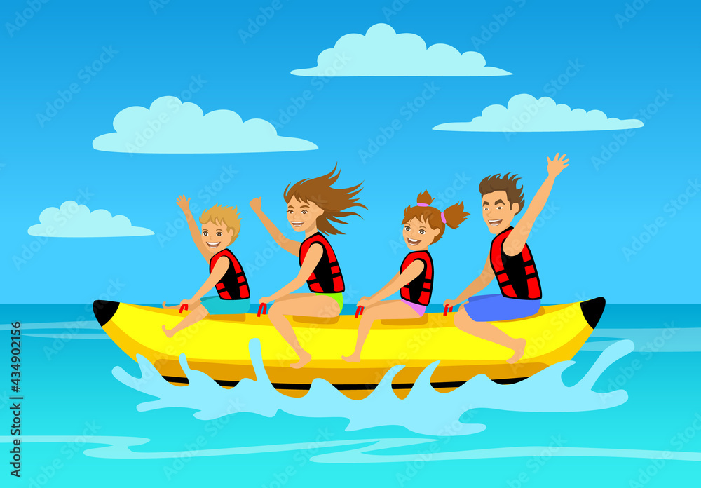 family riding banana boat. summer vacation time vector illustration