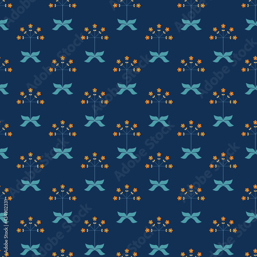 Seamless pattern with symmetrical flowers on navy background 