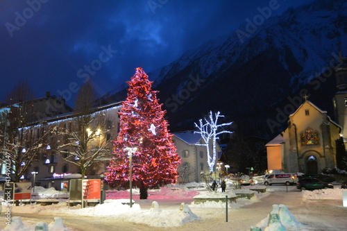 Chamonix Mont Blanc, France at Christmas. View at dusk.