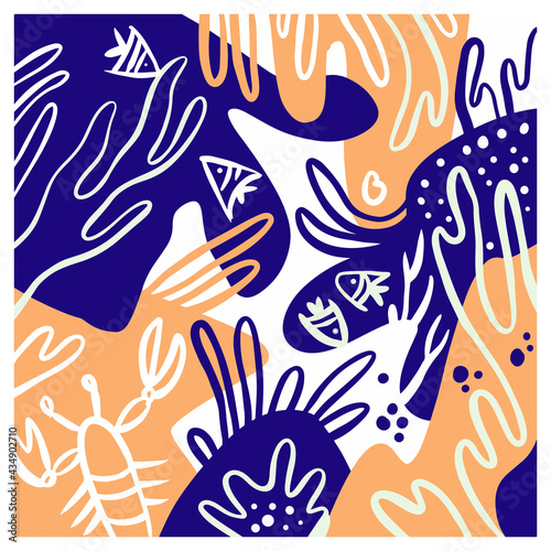 Beautiful coral and sea fish pattern designs for fabrics and wall painting prints. Design background for invitation card graphics and coral posters. Vector drawing and illustration. © pageh