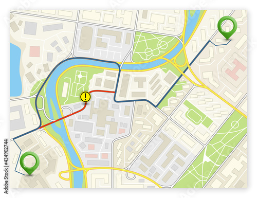 City map navigation delivery route, color check point markers design background, drawing schema, city plan GPS navigation itinerary destination arrow paper city map. Route delivery check point graphic