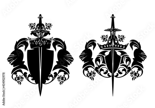 medieval style royal knight warrior coat of arms - black and white vector outline of helmet, sword, king crown and rose flowers with heraldic shield