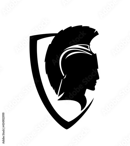 profile portrait of spartan warrior wearing helmet inside simple heraldic shield - black and white vector military man head design