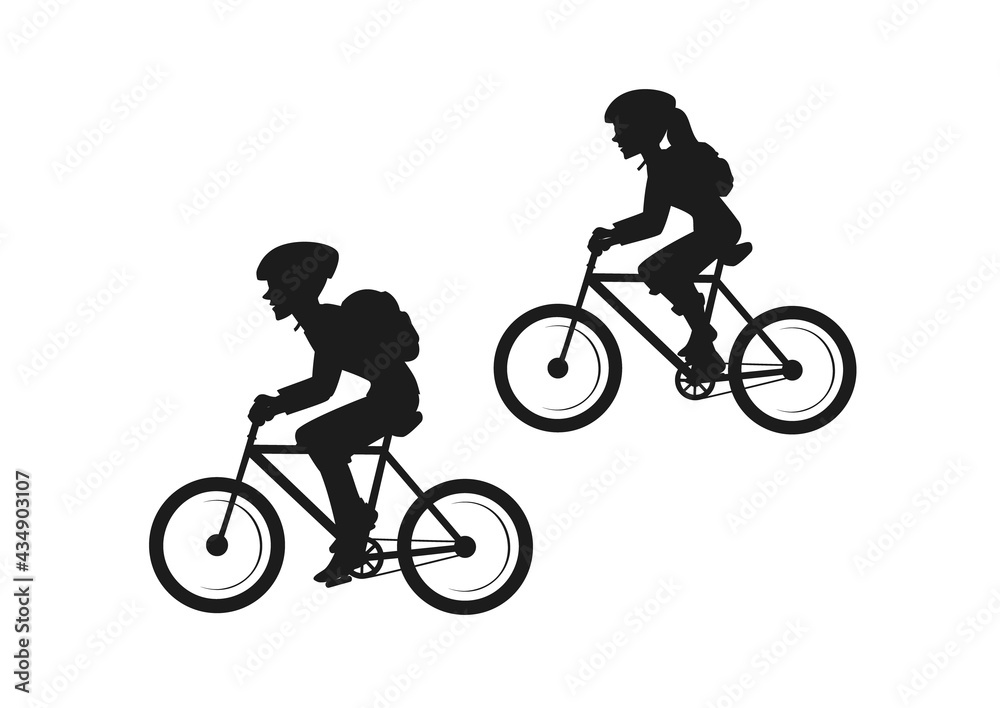 Man and woman travelers with backpacks riding mountain bikes silhouettes Man and woman travelers with backpacks riding mountain bikes silhouettes