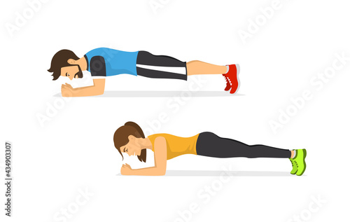 man and woman exercising , stand in a plank position