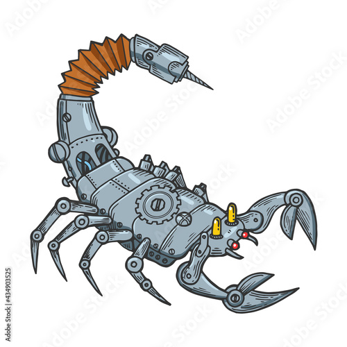 Mechanical scorpio animal line art color sketch engraving vector illustration. T-shirt apparel print design. Scratch board imitation. Black and white hand drawn image.