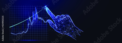 Hand pointing chart financial goals and economic business planning on dark blue background, abstract business vector 3d. Digital polygonal low poly mesh illustration