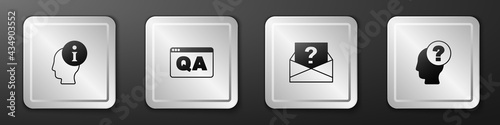 Set Information, Question and Answer, Envelope with question mark and Head icon. Silver square button. Vector