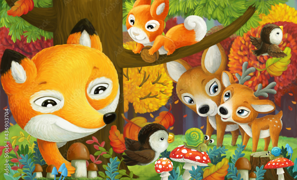 Naklejka premium cartoon scene forest animals friends having fun