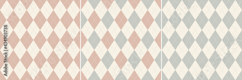 Argyle pattern set in soft grey, pink, beige. Seamless geometric stitched vector backgrounds for wallpaper, socks, sweater, gift paper, other modern spring autumn fashion fabric design.