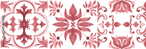 Set of watercolor illustrations - ceramic tile stylization with red ornaments. Azulejos portugal, Turkish ornament, Moroccan tile mosaic, Talavera ornament.