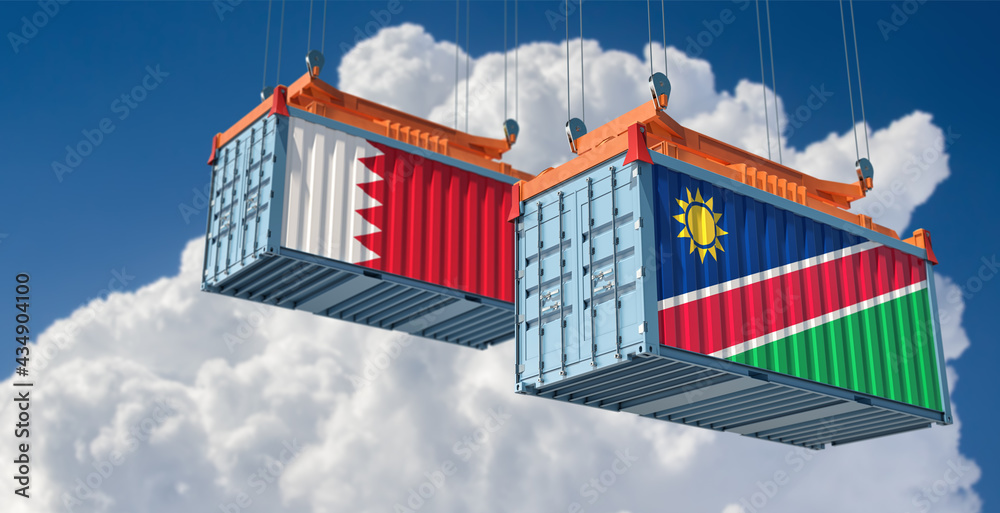 Two freight container with Bahrain and Namibia flag. 3D Rendering
