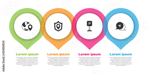 Set Location on the globe, shield, Parking and Infographic of city map navigation. Business infographic template. Vector