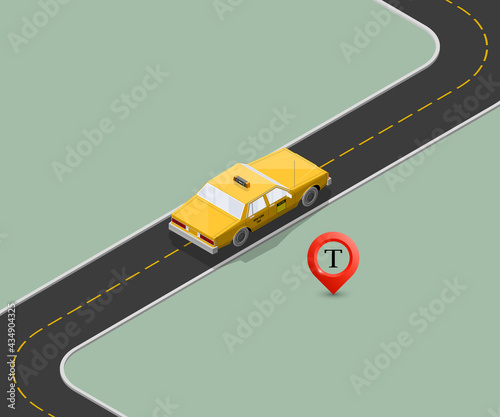Yellow isometric taxi cab banner. Online navigation application order taxi service. Isometry car isometric route banner. 3D taxi classic vehicle itinerary road. Get a taxi online phone application