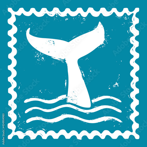 Textured blue sea post stamp with waves and a whale's tail. Grange diving whale. For decoration, design, tattoo or scrapbooking. Vector shabby hand drawn illustration