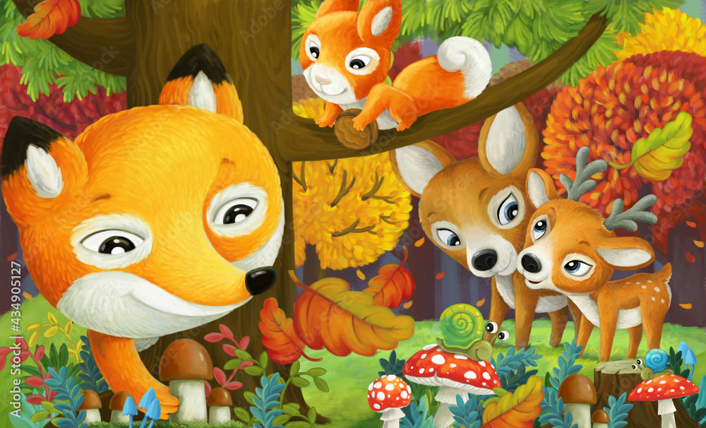 Naklejka premium cartoon scene forest animals friends having fun