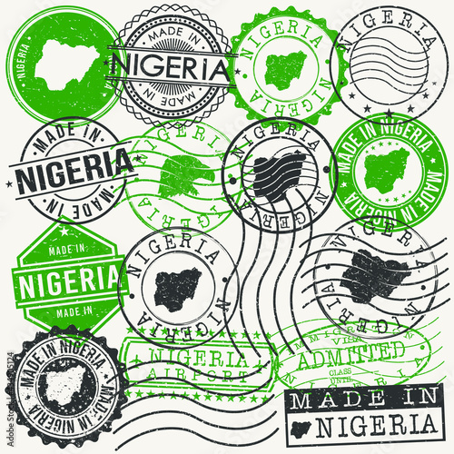 Nigeria Set of Stamps. Travel Passport Stamps. Made In Product Design Seals in Old Style Insignia. Icon Clip Art Vector Collection.