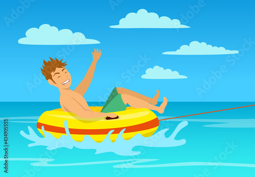 man riding tube at the beach. extreme summer vacation holidays sport fun activity © VecTerrain