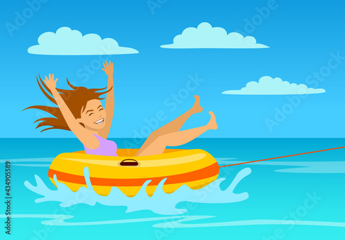 woman riding tube at the beach. extreme summer vacation holidays sport fun activity © VecTerrain