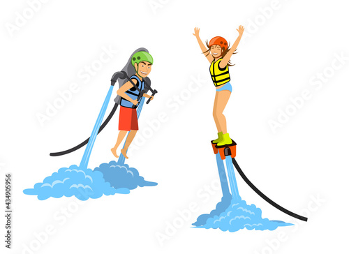 Man and woman flyboarding and ride water jetpack. extreme water sport activities photo