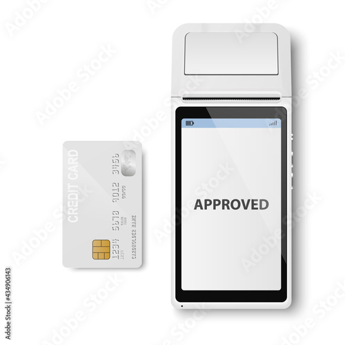 Vector Realistic White 3d Payment Machine. POS Terminal, Credit Card Closeup Isolated. Approved Payment. Design Template of Bank Payment Terminal, Mockup. Processing NFC Payments Device. Top View