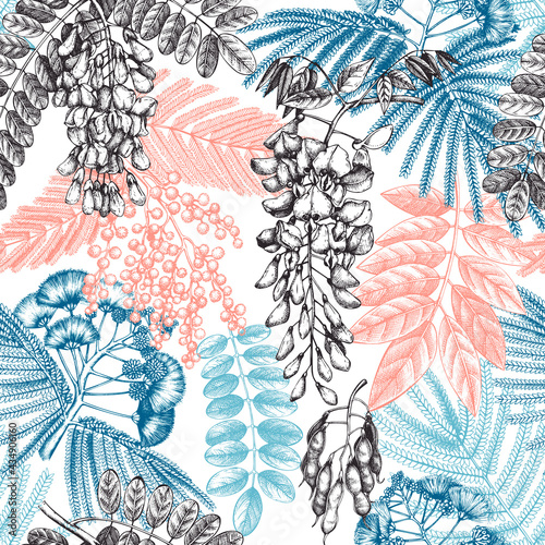 Floral backdrop with hand-sketched trees in flowers. Vintage background with blooming wisteria, mimosa, albizia, acacia. Floral pattern in retro style for fabric, packaging, wrapping.