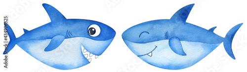 Watercolor cute blue baby sharks. Hand-drawn blue little sharks with an open mouth. photo