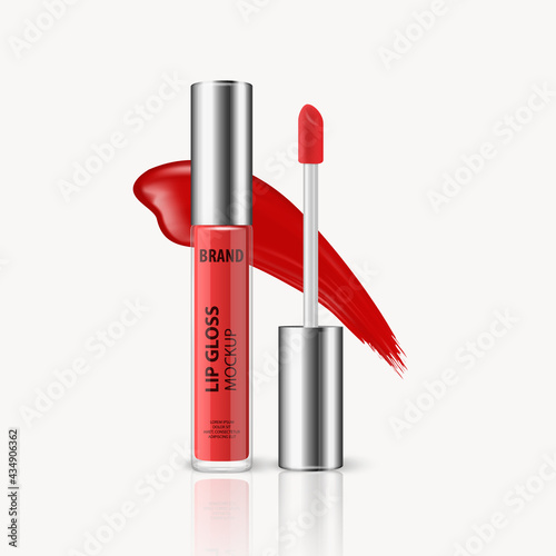 Vector 3d Realistic Red Lip Gloss, Lip Stick Package, Silver Cap, Lid, Lipstick Stroke Isolated. Glass Container, Tube, Lid, Brush. Plastic Transparent Bottle Design Template, Mockup. Front View