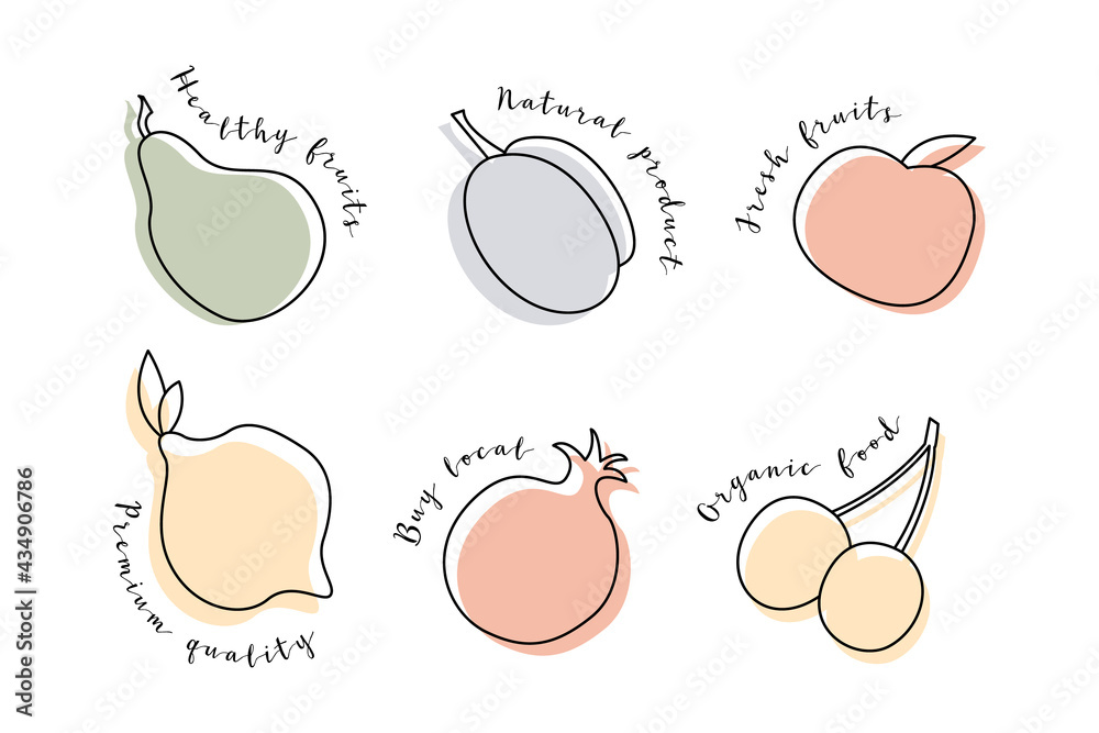 Juicy apple, plum, pear, lemon, lime, cherry, pomegranate. Fresh fruit, healthy organic food. Premium quality. Buy local product. Vector line illustration, icon. Perfect for logo, stamp, brand, mark