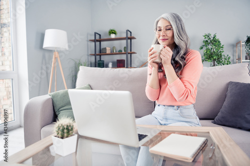 Portrait of attractive dreamy middle-aged woman using laptop sitting on divan drinking cacao rest pause at home house flat indoor