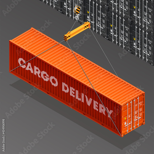 3D Isometric shipping cargo 40 ft container with closed doors. Large metal 40 foot containers for transportation. Delivery of cargo shipping. illustration