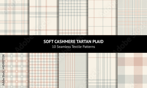 Plaid set in soft grey, pink, beige. Seamless vector patterns. Glen, tweed, buffalo check, gingham, floral vichy, tartan graphics for scarf, flannel shirt, blanket, other spring autumn winter textile.