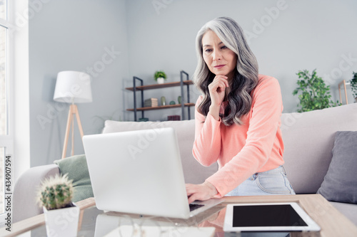 Photo of aged woman hand touch chin serious think look read browse laptop work distance home sit couch