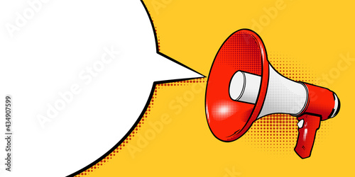 Red megaphone with blank speech bubble and empty copy space for text. Template for ad and business. Vector illustration on orange background