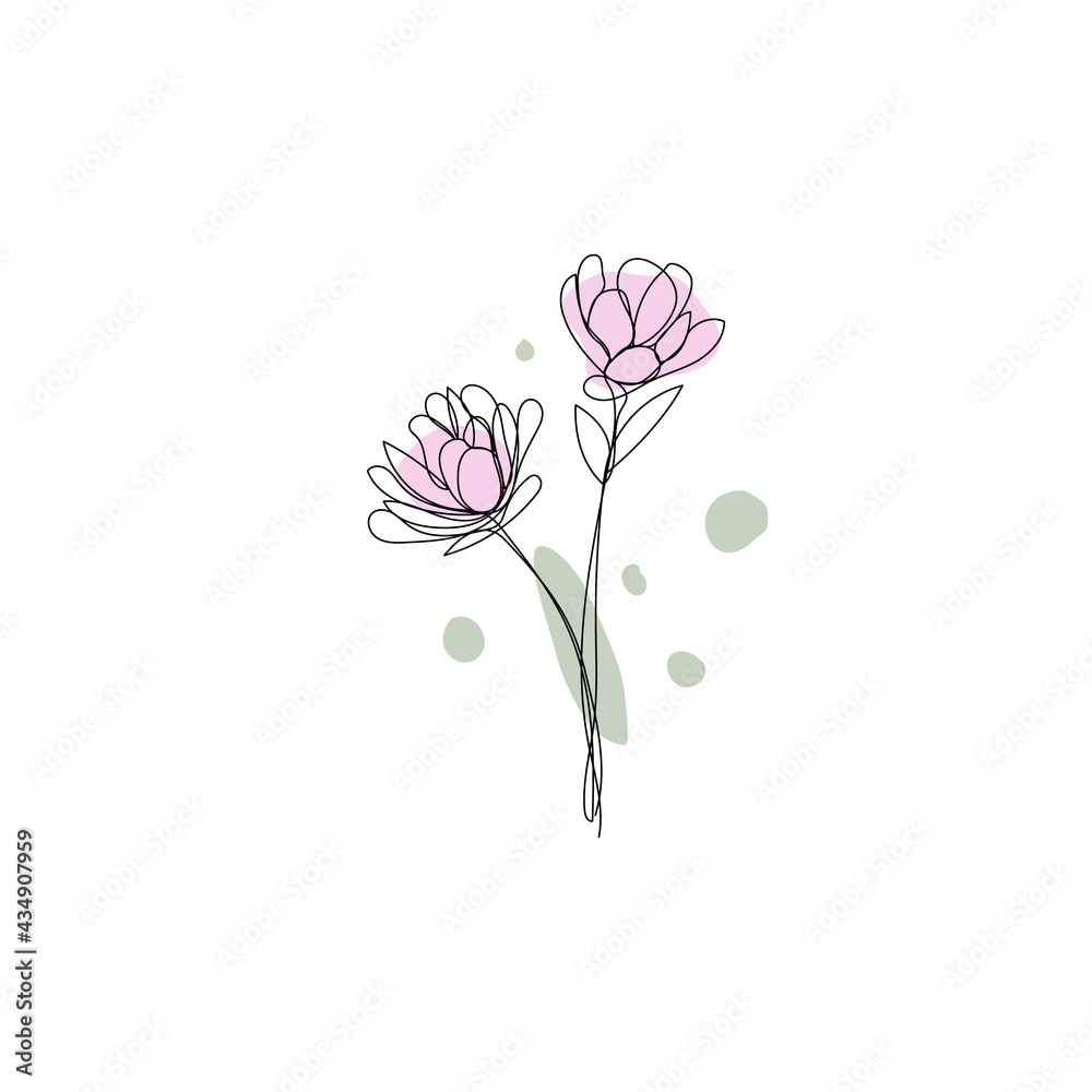 Abstract one line drawing of magnolia flower - minimal flower in single line drawing and geometric shapes.