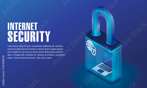 Isometric concept for internet security, laptop inside lock. Internet devices and in a transparent lock for internet protection. Illustrator file with separate layers for each elements & background. 